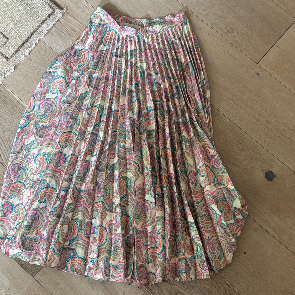 SALONI Multicolor Pleated Midi Skirt - Cream Base with Pink, Green & Blue Swirls
